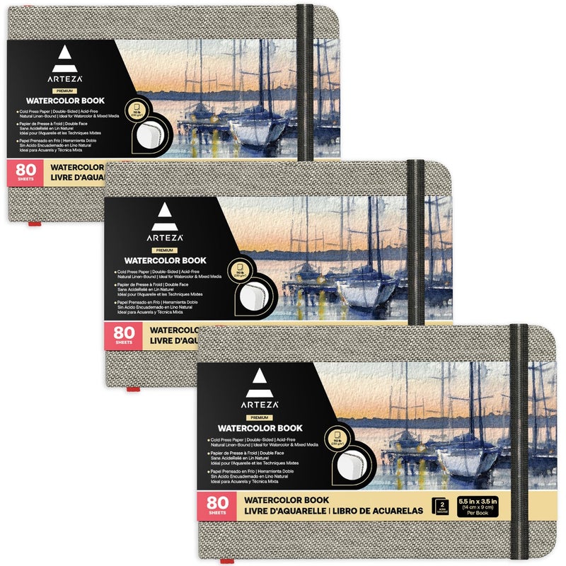 ARTEZA Watercolor Book, Pack of 3, 80 Pages Each, 3.5x5.5 Inch Watercolor Notebook, 110lb/230gsm Water Color Paper - Image 1
